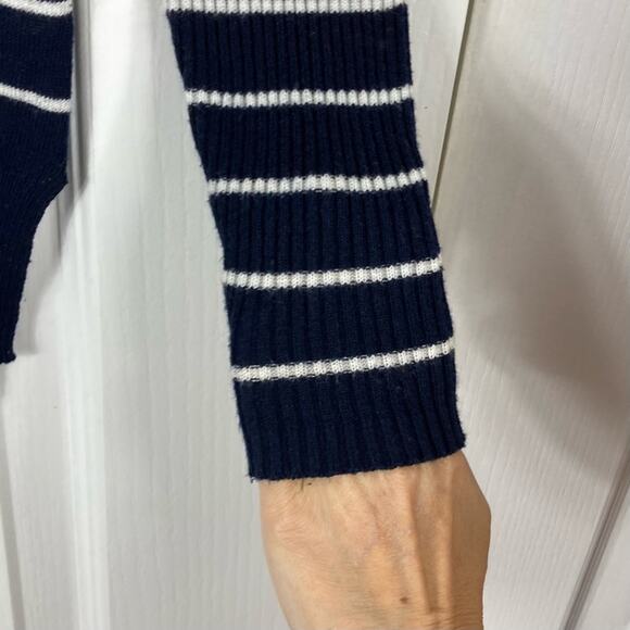 ATMOSPHERE Sweater Women US 6 Stripe Navy White V-neck Rib Long-Slv Slit Hi-Low - Picture 5 of 11